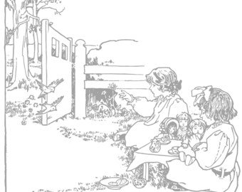 May include: Two children are having a tea party outdoors with their dolls. They are sitting at a small table with teacups and a teapot. The scene is drawn in black and white.
