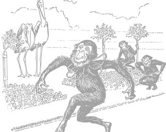 May include: A black and white illustration of three monkeys in a woodland setting. One monkey is running, while the other two are seated on a branch. There are also two birds in the background.