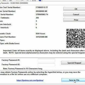 May include: Screenshot of a software interface displaying factory passwords and diagnostic information. The interface includes fields for serial numbers, diagnostic clock, and software part number. Buttons include "OK", "Cancel", "Print", "Special Keypad", and "Save to File".