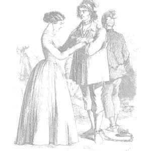 Könnte beinhalten: Eine Schwarzweißillustration eines Mannes und einer Frau in historischen Kleidern. Der Mann trägt einen Hut und hat die Arme verschränkt. Die Frau trägt ein langes Kleid und schaut den Mann an. Der Mann ist am Knöchel angekettet.