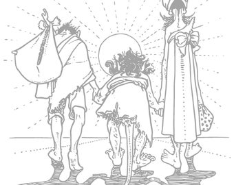May include: A black and white illustration of three figures walking towards a bright sun. The figures are dressed in simple clothing and have long, pointed ears. The figure in the middle has a tail.
