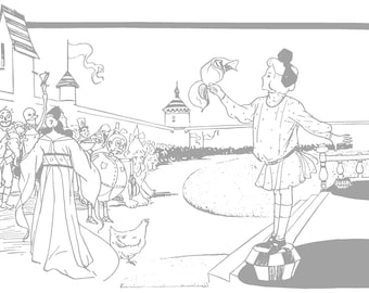 May include: A black and white illustration of a scene from the Wizard of Oz. A group of characters, including the Scarecrow, the Tin Man, and the Cowardly Lion, stand in front of a castle. A young girl with a bow in her hair stands on a platform and holds a flower in her hand.