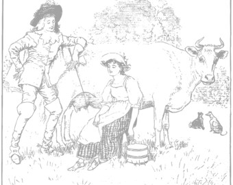 May include: A black and white illustration of a man and a woman standing near a cow. The man is wearing a hat and a long coat. The woman is wearing a dress and a hat. The cow is standing in the grass. There are two small dogs in the background.