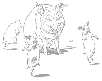 May include: A black and white line drawing of a mother pig and three piglets. The mother pig is standing with her front legs slightly apart and her back legs together. The piglets are all standing on their hind legs and have their front legs raised in the air. The piglets are all looking at the mother pig.