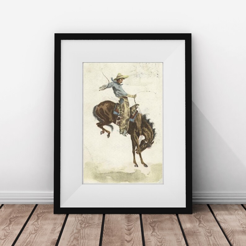 Vintage Western Art Print - Bucking Bronc - Print of Vintage Painting ...