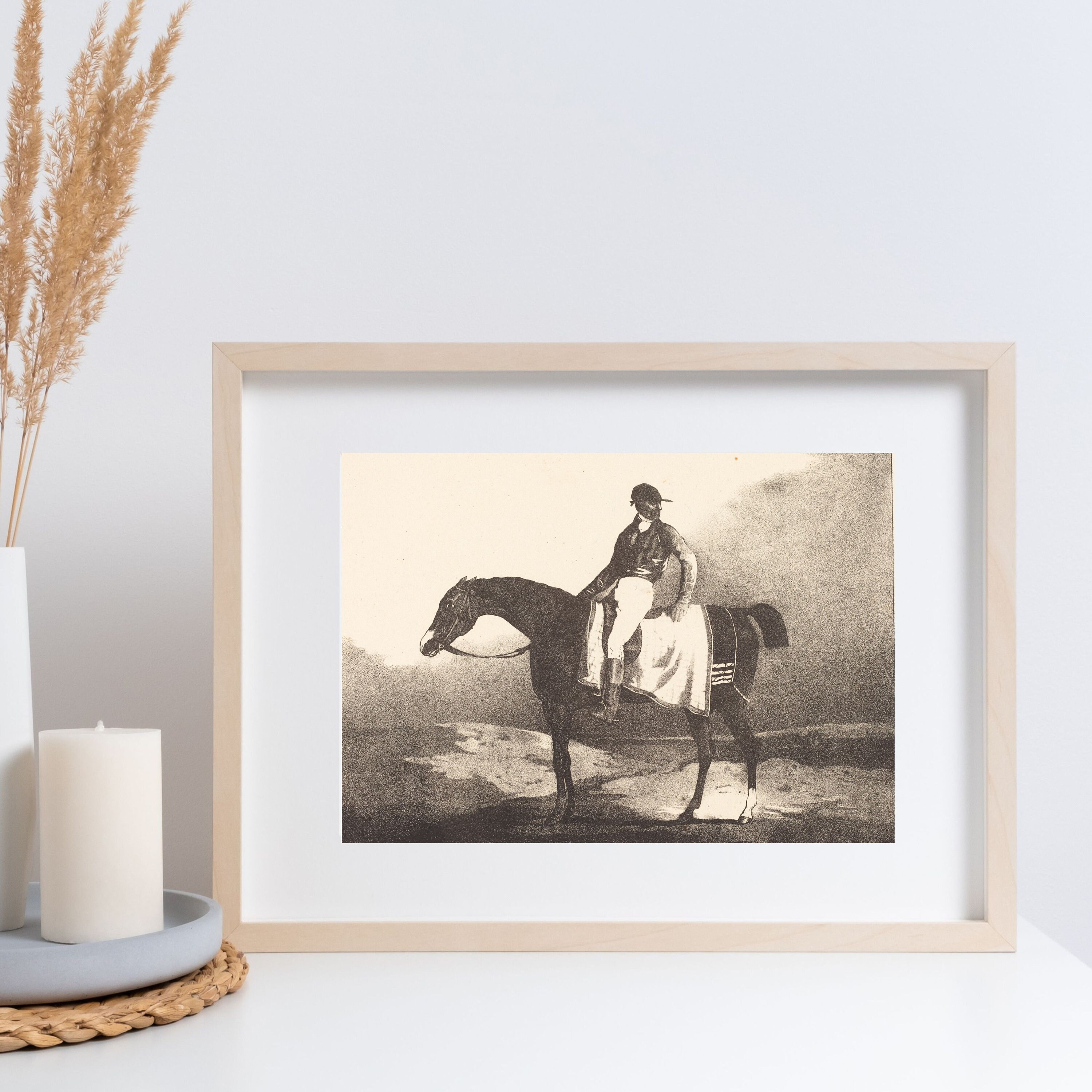 Vintage Horse Art Print - Black and White Jockey on Horseback - Print ...