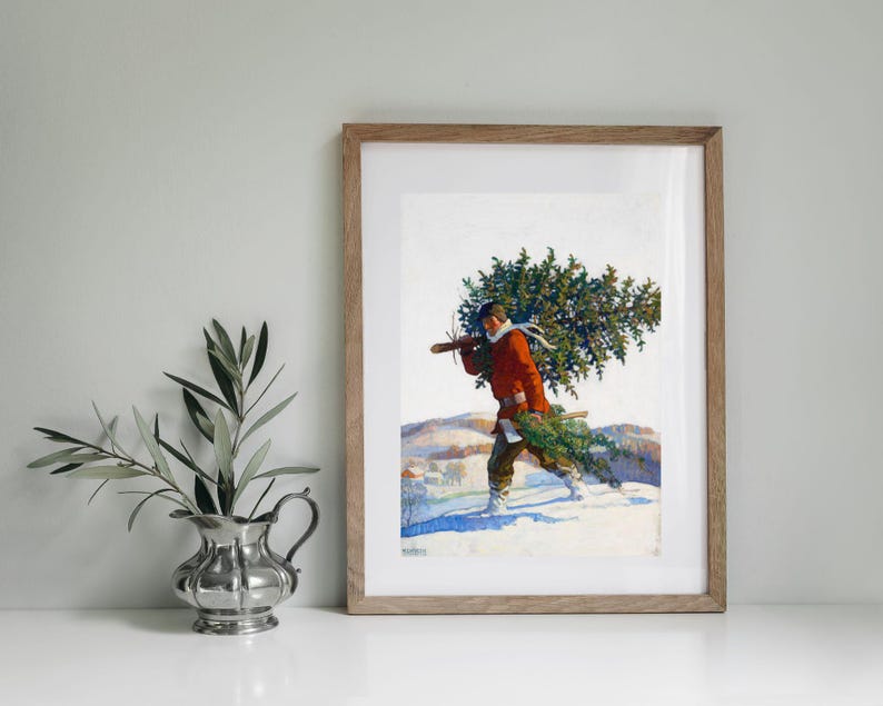 Christmas Art Vintage Cutting Down a Christmas Tree Holiday Print Print