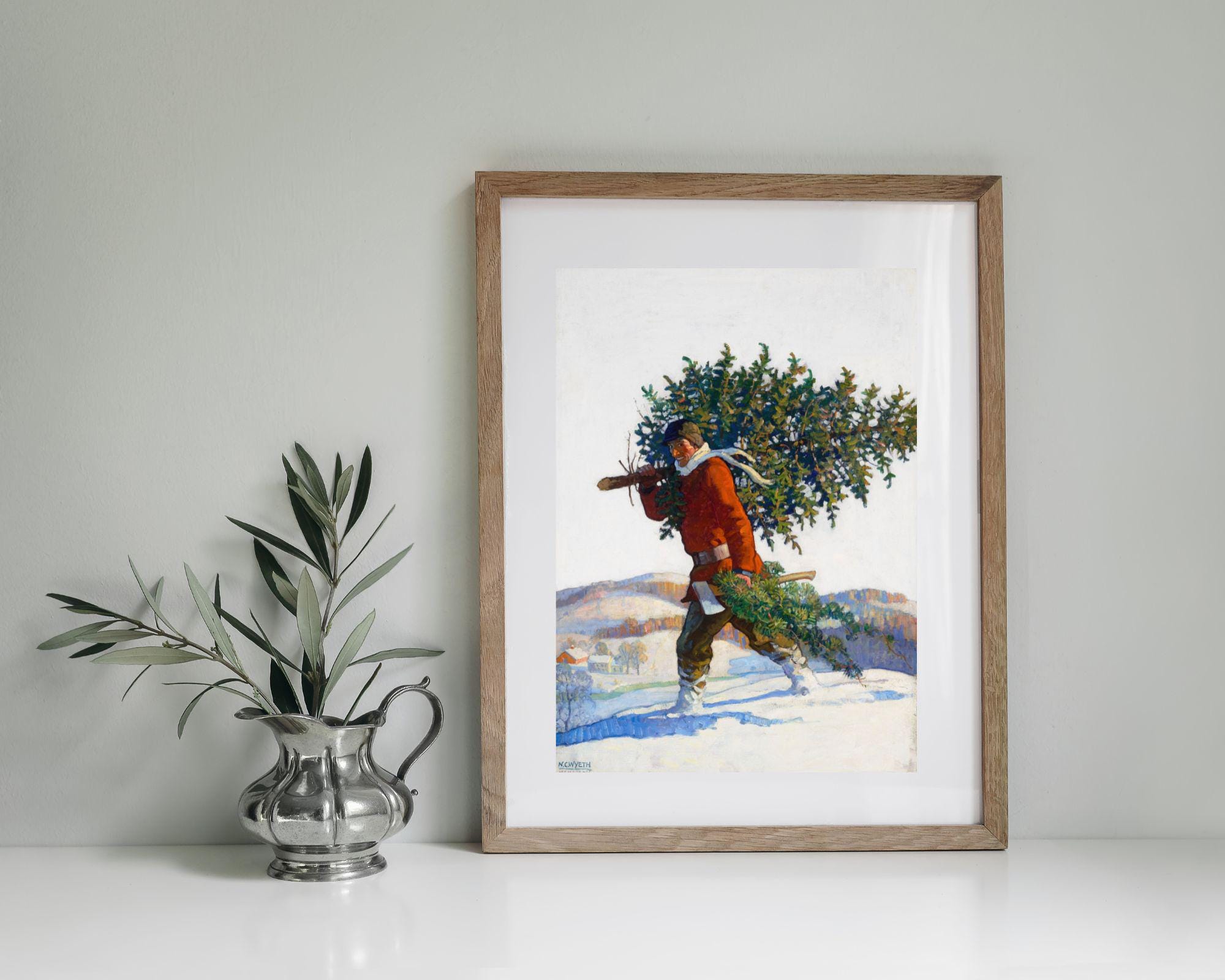 Christmas Art - Vintage Cutting Down a Christmas Tree Holiday Print - Print of Vintage Painting - Wall Decor - Fine Art Paper Prints
