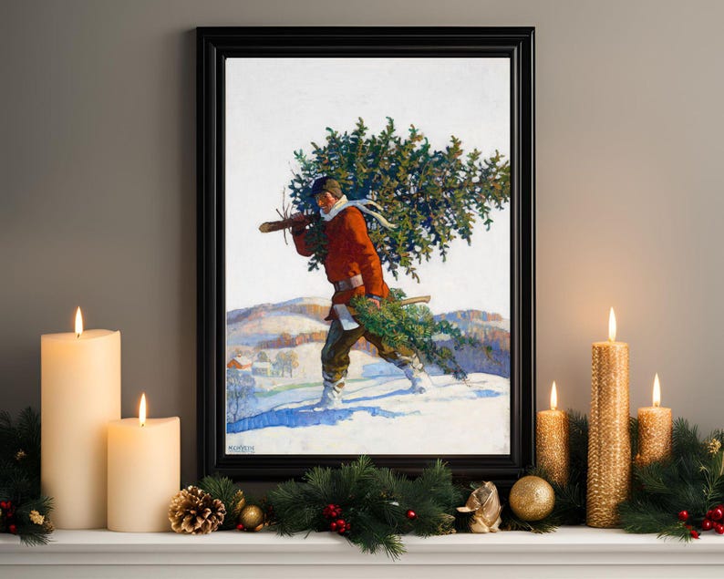 Christmas Art Vintage Cutting Down a Christmas Tree Holiday Print Print