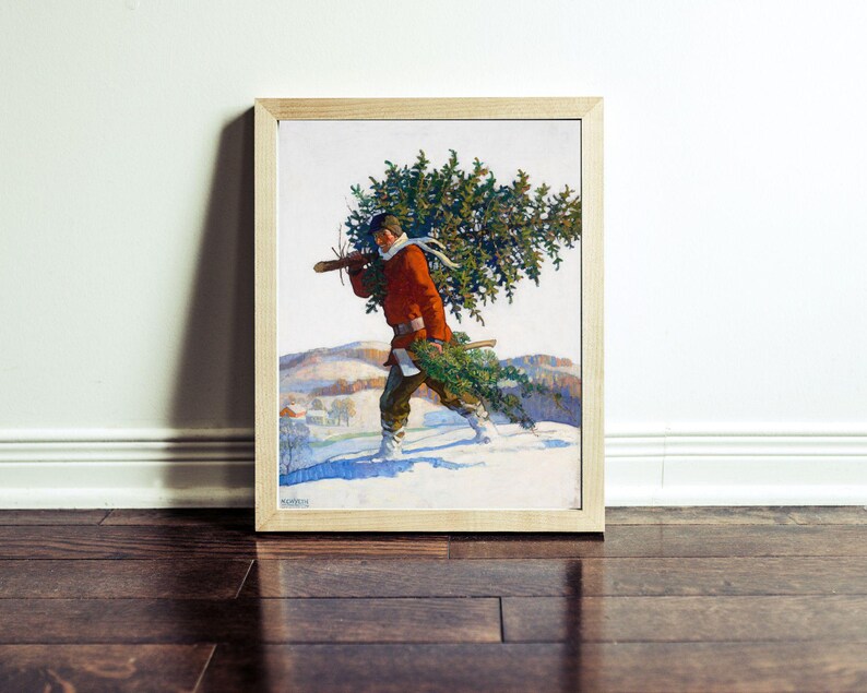 Christmas Art Vintage Cutting Down a Christmas Tree Holiday Print Print