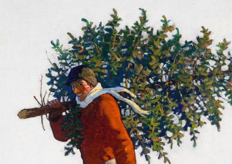Christmas Art Vintage Cutting Down a Christmas Tree Holiday Print Print