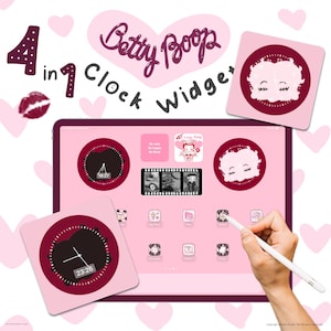 Peut inclure: Un widget d'horloge numérique rose et rouge avec une image de dessin animé de Betty Boop. Le widget a quatre faces d'horloge différentes, chacune avec un design différent. Le texte "4 in 1 Clock Widget" est écrit en noir sur un fond rose. Le texte "Betty Boop" est écrit en violet sur un cœur rose.