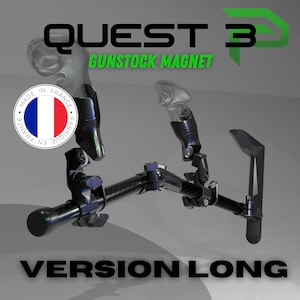 May include: A black carbon fiber gunstock magnet for Quest 3, labeled VERSION LONG. The device features two controller mounts, adjustable joints, and a shoulder rest. A circular emblem displays the French flag with the text MADE IN FRANCE.