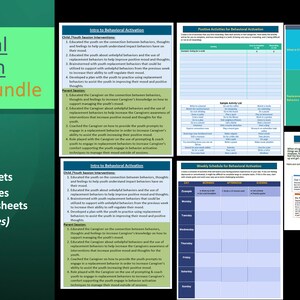 Puede incluir: Un paquete de hojas de trabajo verde titulado "Behavioral Activation Worksheet Bundle" con el texto "6 Intervention Worksheets, 12 Sample Progress Notes Corresponding to Worksheets (6 Youth + 6 Parent Notes)" en texto blanco.