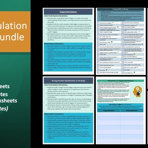 May include: An Emotion Regulation Worksheet Bundle with the title at the top. The bundle includes 6 intervention worksheets, 12 sample progress notes, and corresponding worksheets. The worksheets are for youth and parents. The image has a green background.