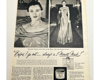 Anuncio impreso vintage de Ponds Vanishing Cream de la década de 1940 con mascarilla facial de Lady Bridgett Poulett