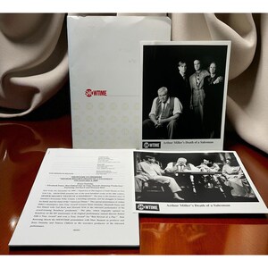 May include: A collection of promotional materials for Showtime's presentation of Arthur Miller's "Death of a Salesman." Includes black and white photographs of the cast and a script. The Showtime logo is visible on the materials.