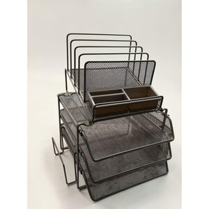 May include: A black metal mesh desk organizer featuring three horizontal stacked trays for documents and a vertical file sorter section at the top. The unit includes a small integrated compartment with three rectangular slots for office supplies.