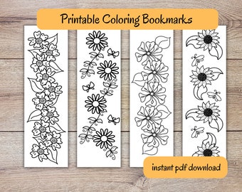 Printable DIY Coloring Bookmarks | Flower Designs | Set of 4 Coloring Bookmarks | Color Your Own Bookmarks for Adults and Kids