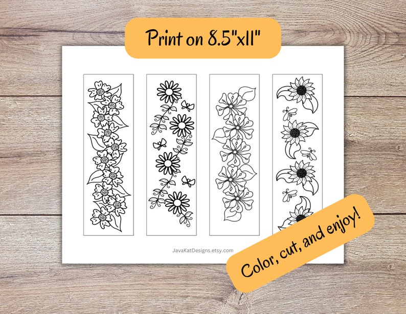 Printable DIY Coloring Bookmarks Flower Designs Set of 4 Coloring