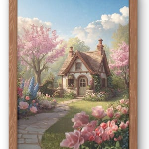 May include: A framed print of a cottage scene. The artwork depicts a quaint cottage with a brown roof, surrounded by a lush garden filled with pink flowers and trees. A stone path leads to the cottage, under a blue sky with fluffy clouds.