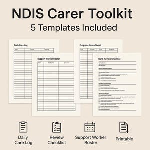 以下が含まれることがあります： NDIS Carer Toolkitの印刷可能なテンプレートのコレクション。画像には、Daily Care Log、Review Checklist、Support Worker Roster、Progress Notes Sheetが表示されています。テキストは「NDIS Carer Toolkit」と「5 Templates Included」です。
