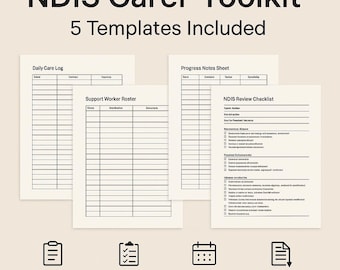NDIS Carer Toolkit | 5 druckbare Vorlagen (Tagebuch, Medikamente-Tracker, Verlaufsnotizen, Checkliste zum Überprüfen)