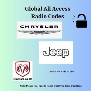 Puede incluir: Un fondo azul con el texto "Global All Access Radio Codes" en negro.  Hay tres logotipos: Chrysler, Jeep y Dodge.  El texto "Serial No. + Vin = Code" está en negro.  El texto "Nota: No dude en ponerse en contacto con nosotros si tiene alguna pregunta." está en negro.