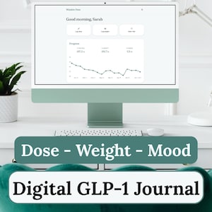 May include: A computer monitor displaying the Winslow Dose website with a progress chart for weight tracking. The screen shows the text Good morning, Sarah, along with buttons for Log dose, Log weight, and How I feel. Below, text reads Dose - Weight - Mood and Digital GLP-1 Journal.