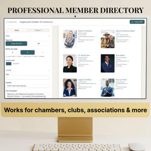 Peut inclure: Un écran d'ordinateur affichant une interface logicielle de répertoire de membres professionnels. L'écran présente un tableau de bord avec des paramètres de taille de page, d'entrées et de couleurs d'accentuation, ainsi qu'un aperçu d'une page.