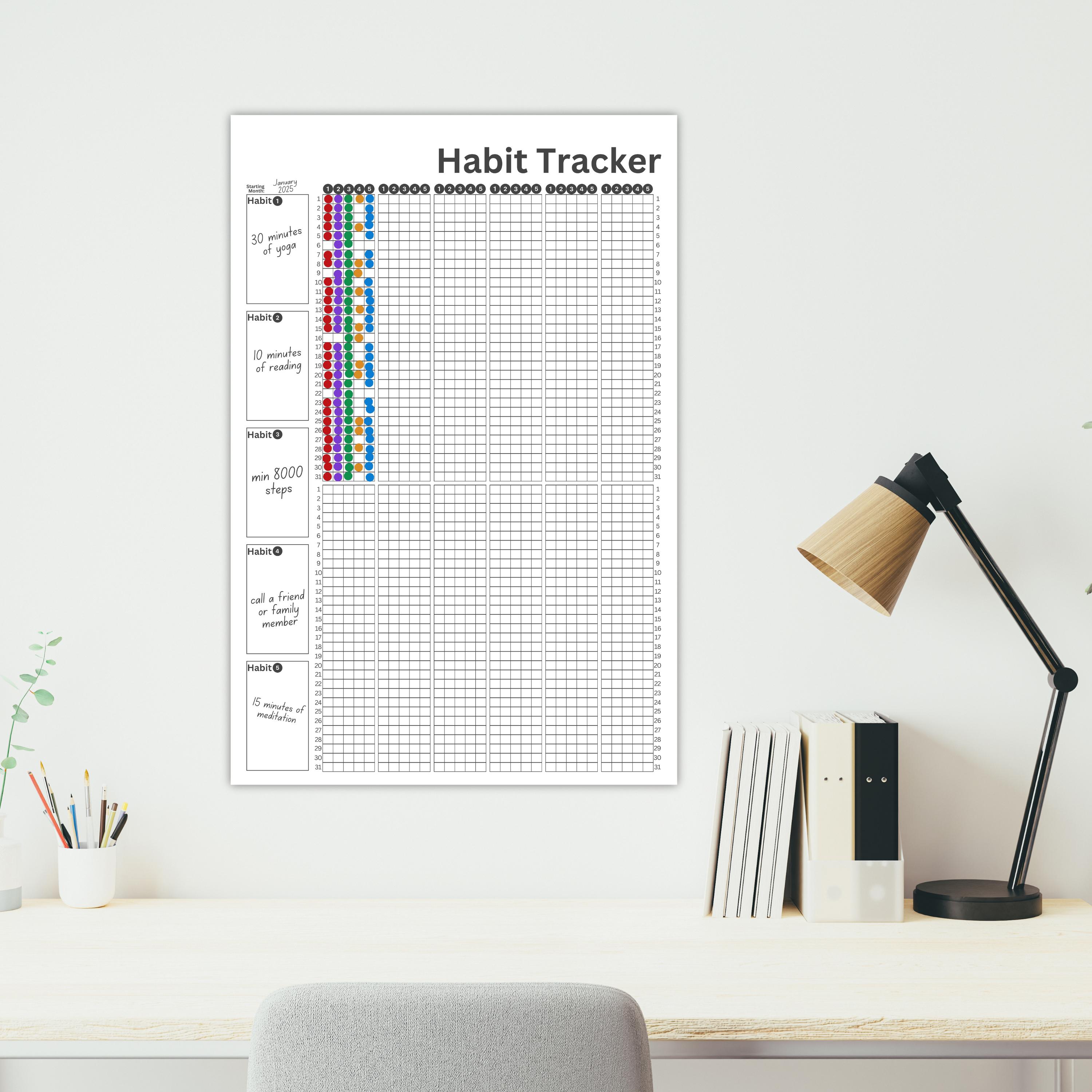 Yearly Habit Tracking Poster - Color in Habits, Habit Tracking Wall Art, Habit Planner Print, Daily Tracker Chart, Goal Setting Poster