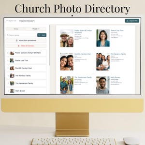 May include: A computer monitor displaying a Church Photo Directory software interface. The screen shows a list of members on the left and a grid of individual and family portraits with contact details on the right, including an Export PDF button.