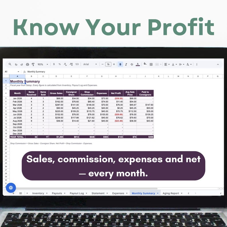 Consignment Shop Tracker | Inventory, Splits, Payouts (Excel/Google Sheets) imagen 8