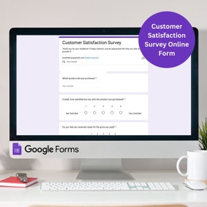 Puede incluir: Una pantalla de ordenador que muestra una encuesta de satisfacción del cliente de Google Forms. La encuesta pregunta sobre el producto comprado, la satisfacción general y la relación calidad-precio. La encuesta se titula "Encuesta de satisfacción del cliente en línea".