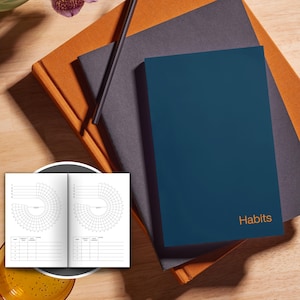 May include: A navy blue journal with the word "Habits" printed in gold on the cover. The journal is open to reveal a blank page with a circle graph and a table for tracking habits.