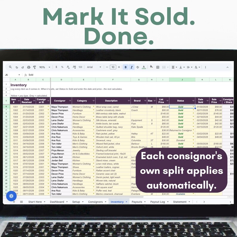 Consignment Shop Tracker | Inventory, Splits, Payouts (Excel/Google Sheets) imagen 5