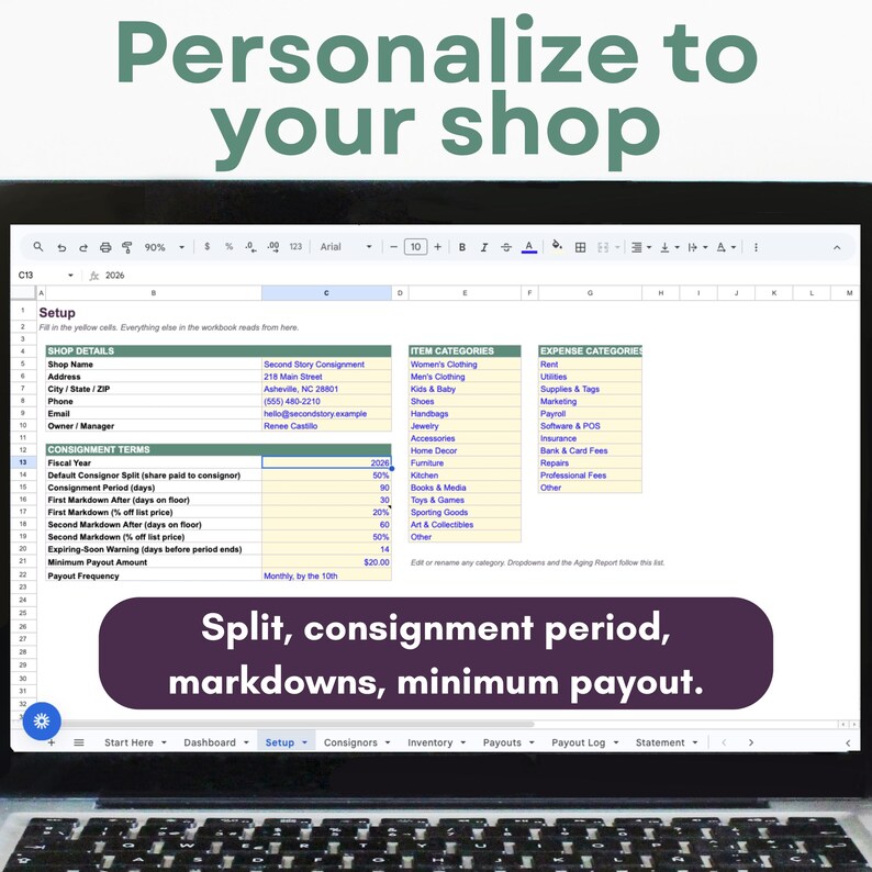 Consignment Shop Tracker | Inventory, Splits, Payouts (Excel/Google Sheets) imagen 7