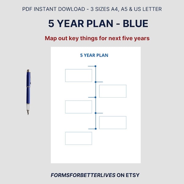 High level blank 5 year plan frame in blue. Minimalist design. Map out the next 5 years. Instant PDF download. 3 sizes -A4, A5 and US Letter