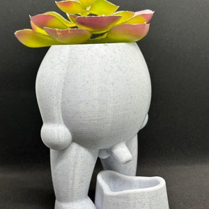 May include: A white ceramic planter shaped like a person with a small bowl at the base. The planter has a speckled finish and is holding a green and pink succulent plant.