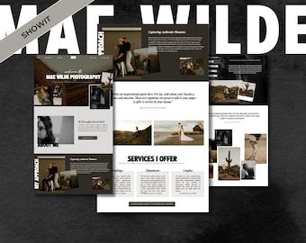 May include: A website mockup for a photography business called "Mae Wilde Photography". The website features a black and white color scheme with a minimalist design. The website includes sections for "About Me", "My Approach", and "Services I Offer".