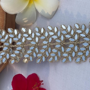 Handmade Mirror Work Lace Trim | Gold Embroidered Leaf Border, 1 Yard