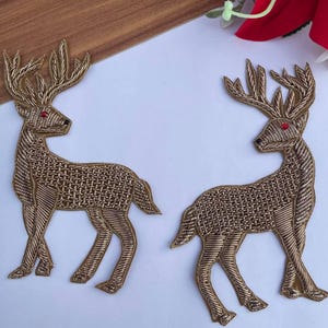 Set of 2 Gold Zardozi Deer Patches, Handmade Indian Embroidery Applique, Traditional Animal Motif for Bridal Wear and Crafts