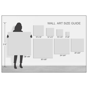 May include: A wall art size guide with a person standing next to a 36" x 36" canvas. The guide shows different canvas sizes, including 6" x 6", 10" x 10", 12" x 12", 16" x 16", 20" x 20", 24" x 24", and 30" x 30".