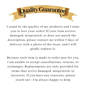 May include: A yellow banner with the text "Quality Guarantee" in black. The text below the banner explains the shop's policy on damaged or misprinted items, cancellations, returns, and exchanges.