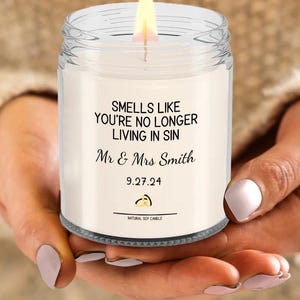 Personalized  Wedding Candles Personalized Wedding Gift Candle No Longer Living In Sin Candle Custom Wedding Gift