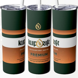 May include: A green and gold stainless steel tumbler with the words "Klipdrift" and "Premium" printed on it. The tumbler has a gold drop logo and the text "Gold in every drop - Since 1938" printed on it.