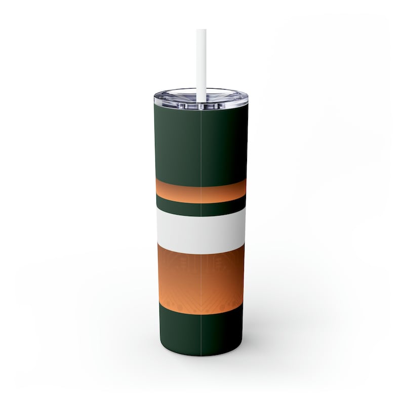 May include: A green and copper striped stainless steel tumbler with a white lid and a white straw.