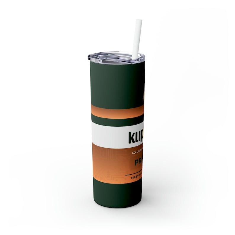 May include: A green and copper stainless steel tumbler with a white stripe and the text "Klip" in gold lettering. The tumbler has a white straw.