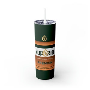 May include: A green and gold tumbler with the words "klipdrift" and "GOLD IN EVERY DROP - SINCE 1928" printed on it. The tumbler also says "PREMIUM FINEST OLD VAT MATURED BRANDY".