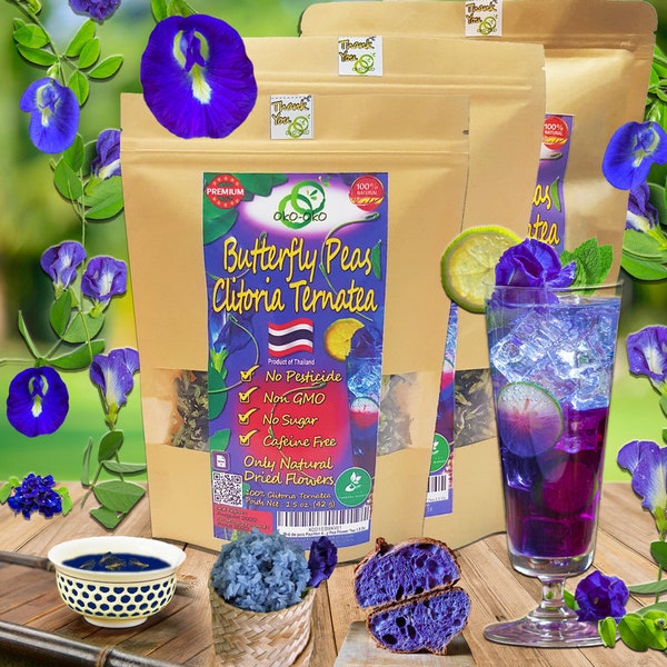 Pois Papillon | OkO-OkO - Fleurs Séchées de Clitoria Ternatea Qualité Premium, Thé Bleu de Thaïlande, Butterfly-Pea, Colorant Naturel Bleu